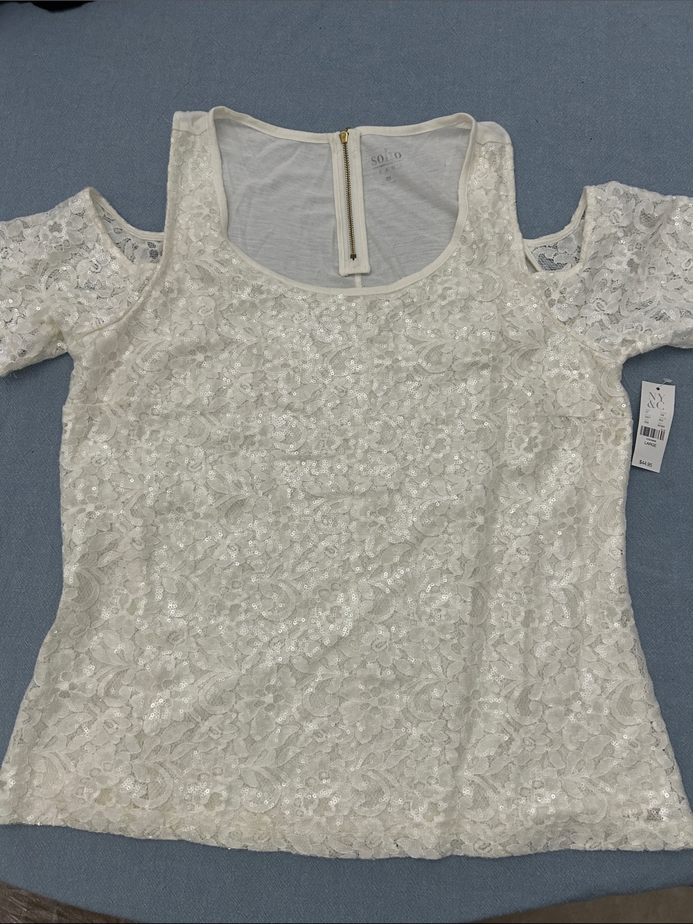 New York & Company Ivory Lace Cold-Shoulder Sequin Top